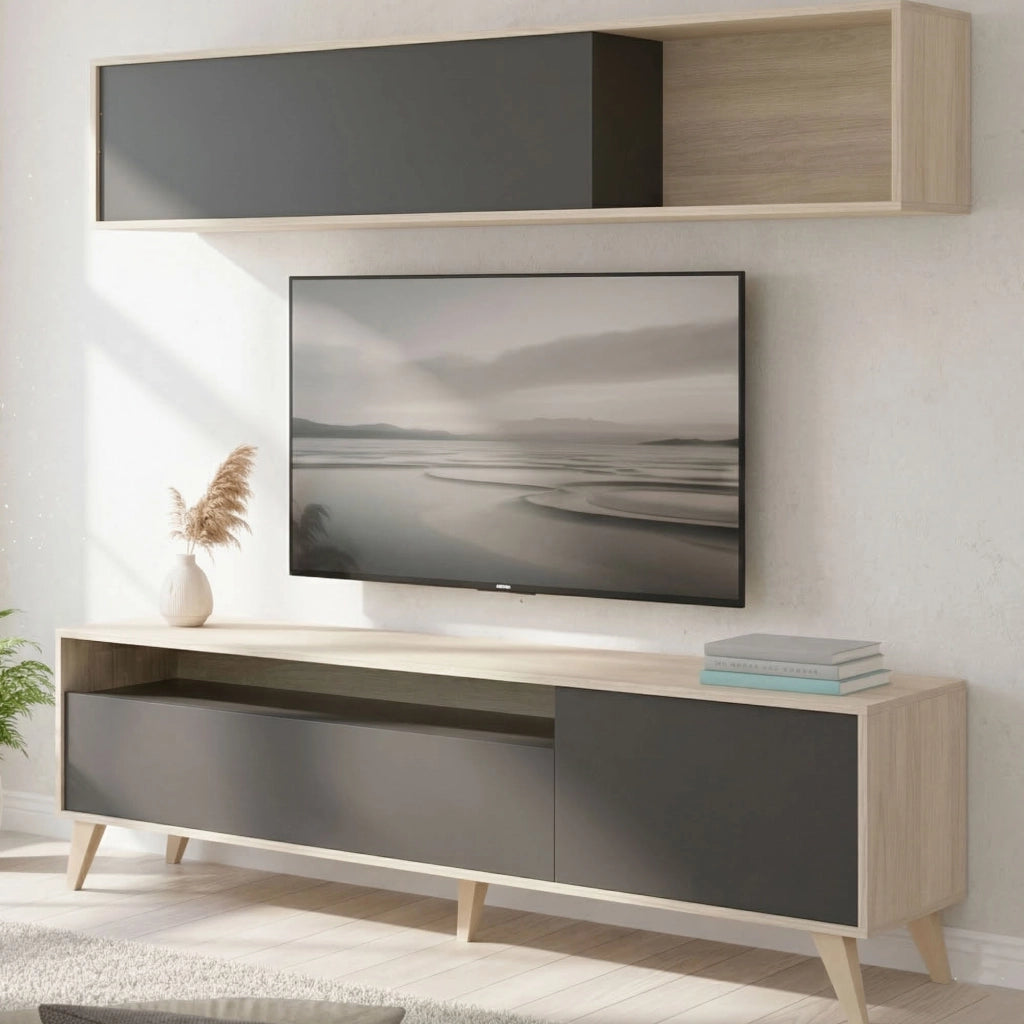 Mobile porta TV Arusha, Set da soggiorno porta TV, Mobile salotto multiuso, 180x41h180 cm, Antracite e Rovere Nodi