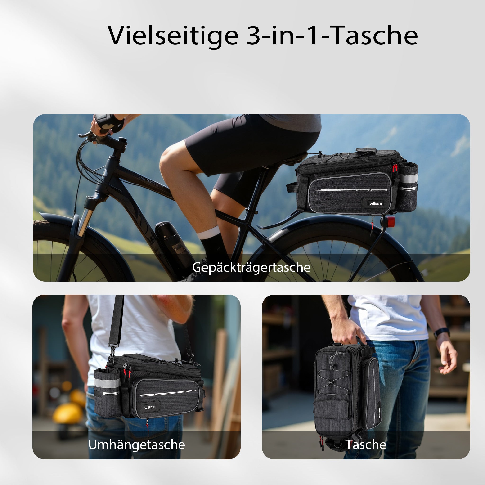 Borsa per portapacchi posteriore bici espandibile fino a 20 L grigia, impermeabile e multiuso, scomparto laptop ed elementi riflettenti