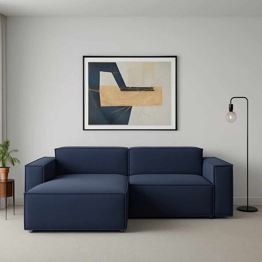 Divano fisso Alhoa, Divano componibile a 2 posti con penisola sinistra, Made in Italy, SofÒ  moderno in tessuto, Cm 220x170h70, Blu