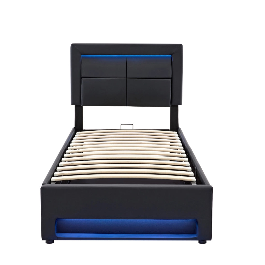 Letto singolo imbottito – 90x200 cm – USB LED contenitore – PU litchi nero