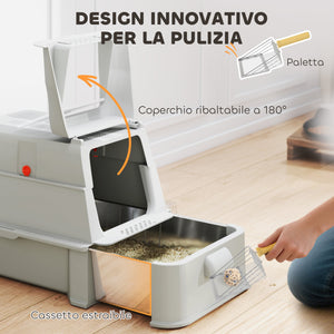 Lettiera per Gatti Chiusa 63x43x43 cm Capacità da 80L con Vassoio Estraibile in ABS e Acciaio Inox Grigio Chiaro