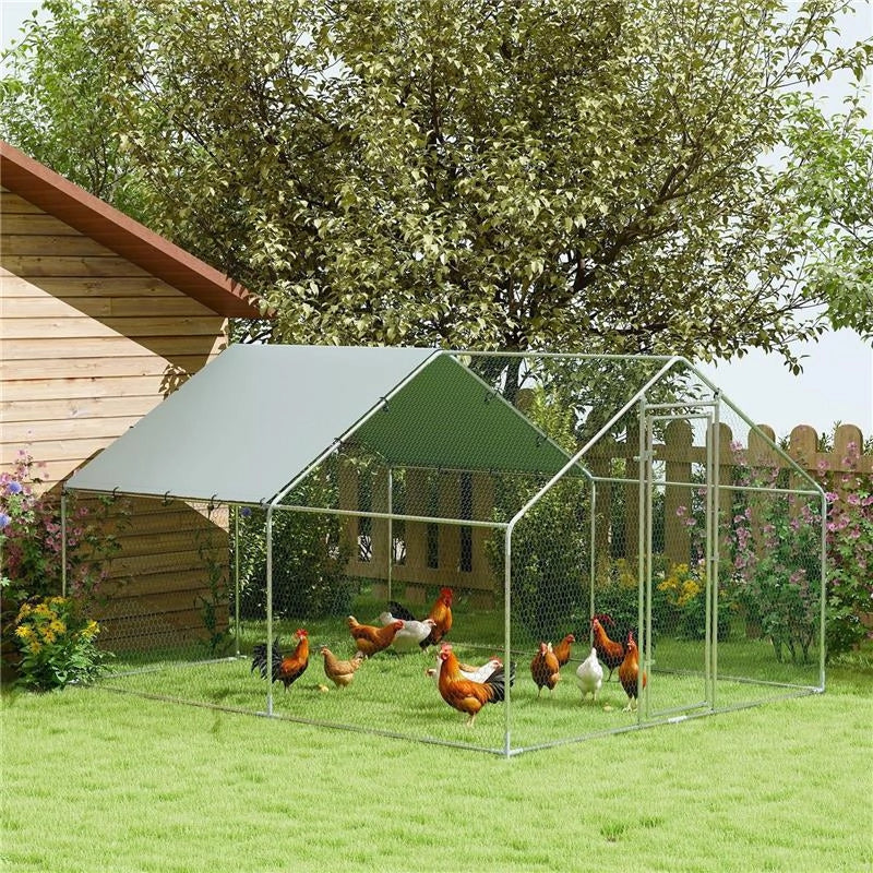 RECINTO PER GALLINE DA 10.2M PER 10-15 GALLINE CON TETTO IMPERMEABILE IN ACCIAIO E TESSUTO 3X3.4X1.9 M ARGENTO