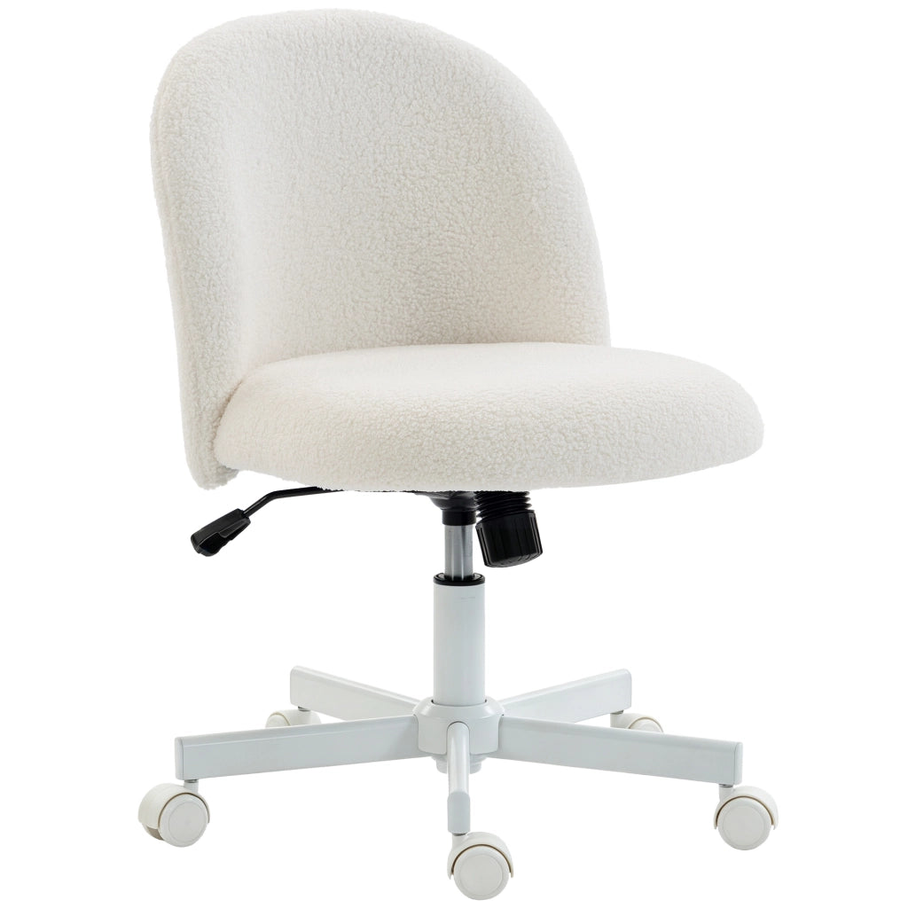 Sedia da scrivania girevole in tessuto sherpa senza braccioli, inclinabile e altezza regolabile 43-53 cm, crema