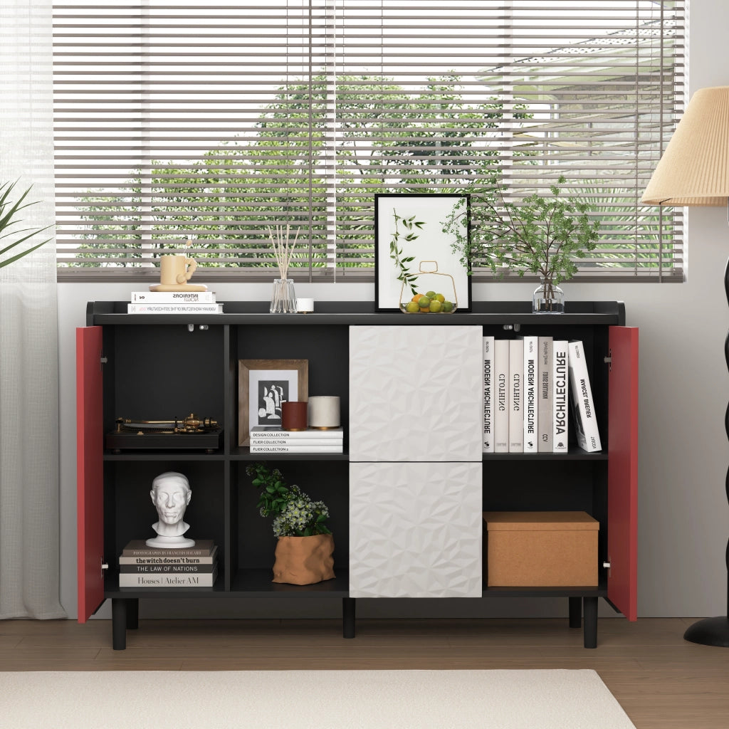 Credenza con 2 cassetti e vano aperto in MDF nero e rosso per sala da pranzo soggiorno e studio 120 × 40 × 80 cm
