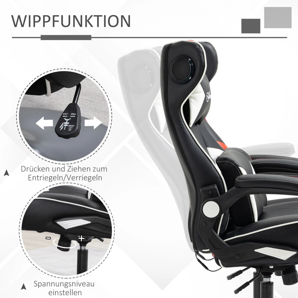 Sedia da ufficio gaming con altoparlanti Bluetooth, altezza regolabile, supporto lombare e cervicale bianco
