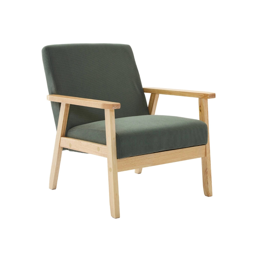 Poltrona scandinava in legno e velluto a coste, kaki