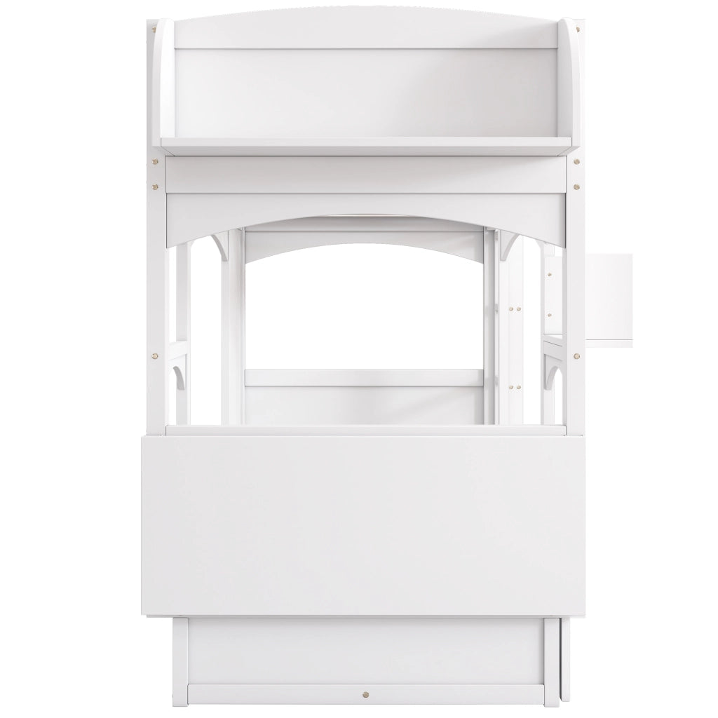 LETTO A CASTELLO con scrivania pieghevole, scaffale e 2 cassetti 90x200 cm Bianco