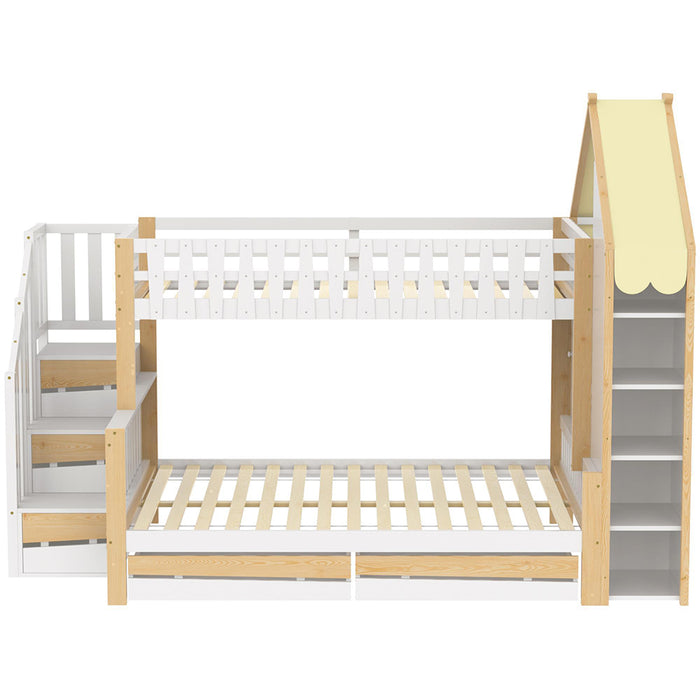 Letto a castello-Xylo-90x200+140x200cm, 2 cassetti, barriera, scala 