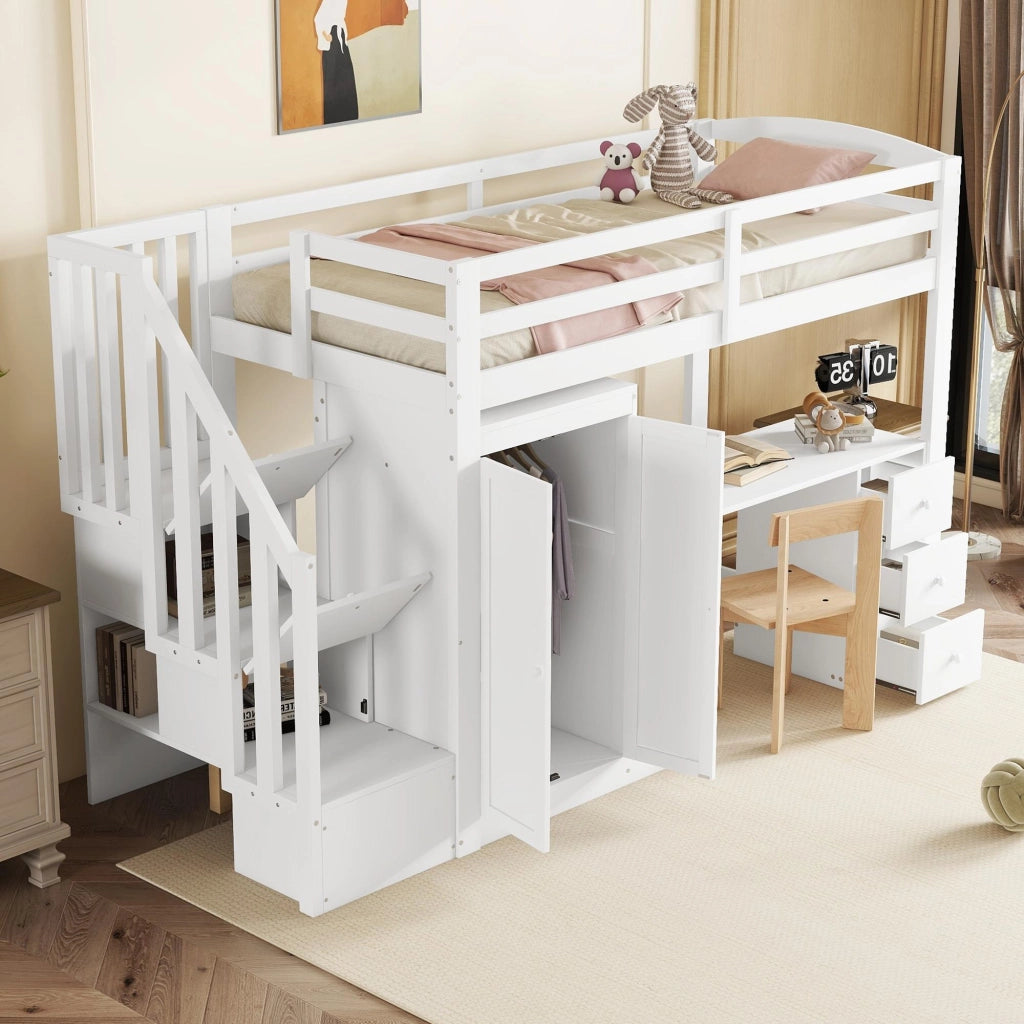OKWISH Letto a Soppalco 90×200 cm, Letto Singolo con Scrivania, Armadio, 3 Cassetti, Scala Contenitore e Vano a Giorno, senza Materasso, Bianco