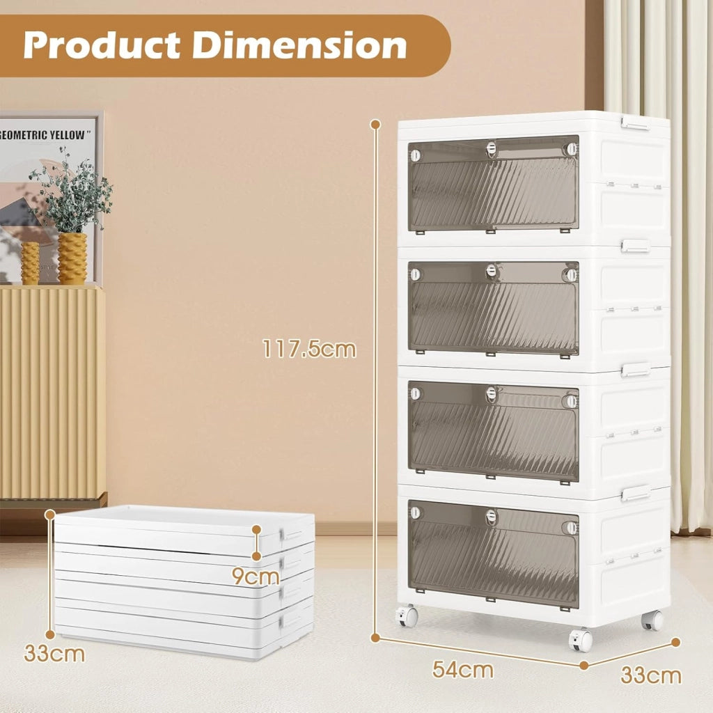 Scatole portaoggetti in plastica da 168 l, contenitori impilabili a 4 livelli con ruote, coperchio, organizer pieghevole per soggiorno, camera da letto, ufficio, dormitorio