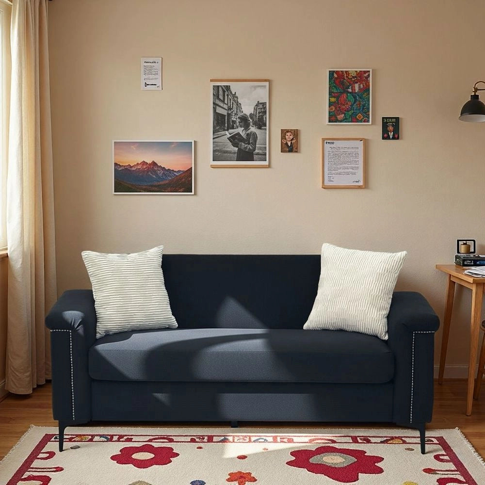 Divano 2 posti minimalista - Xylo - Piedi metallici, tessuto lino, nero