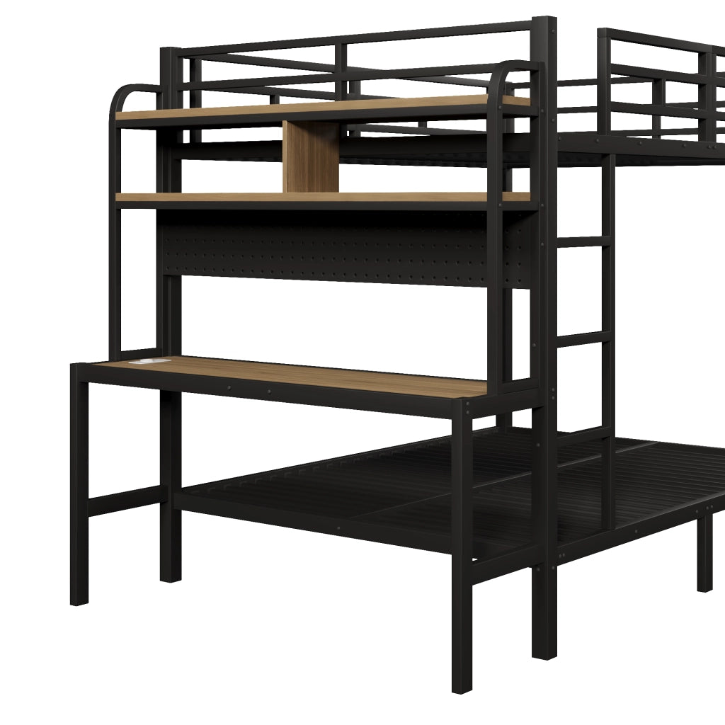 Letto a castello in metallo 140x200 cm con scrivania; vani portaoggetti; LED; USB; parapetto e scala; nero