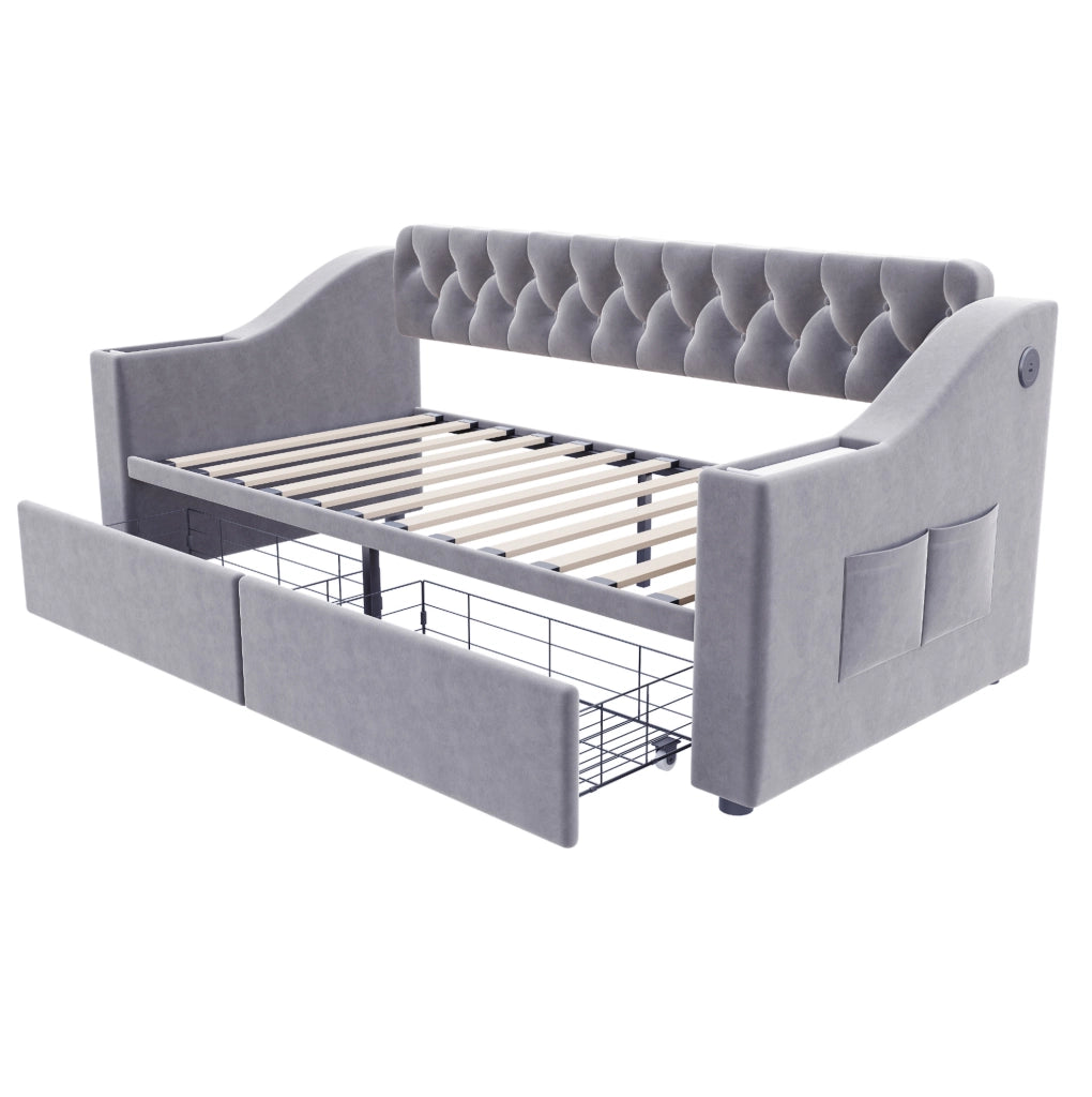Divano letto imbottito 90x190 cm in velluto con USB; cassetti contenitore e braccioli grigio chiaro