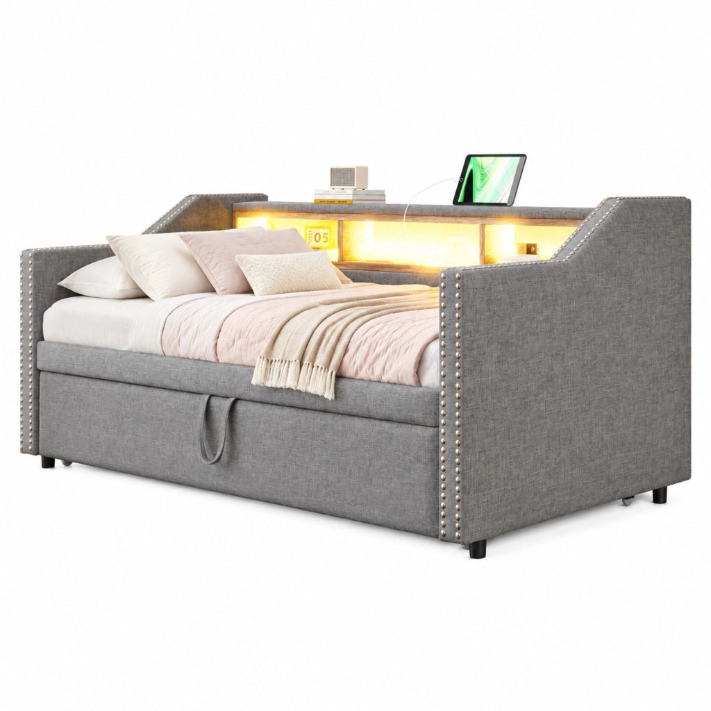 Divano letto imbottito estraibile 90/180 x 190 cm con vani portaoggetti; LED e USB; grigio chiaro