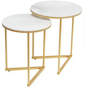 Set di 2 Bijzettafels Rond con Tavolo in Pietra Sinterizzata e Cornice in Metallo dorato - Design Moderno per Soggiorno e Camera da Letto - Design a Tre Angoli