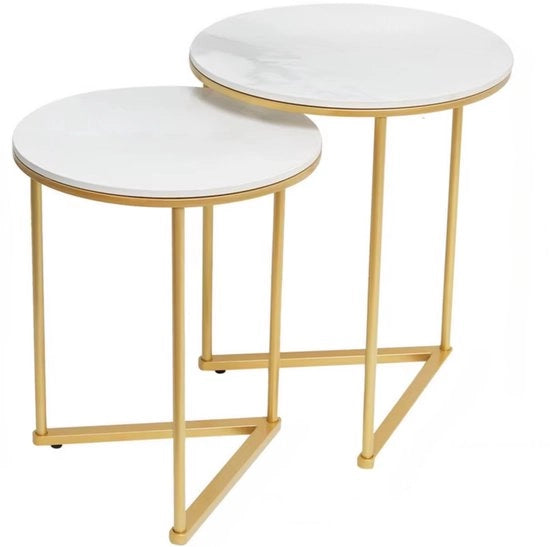 Set di 2 Bijzettafels Rond con Tavolo in Pietra Sinterizzata e Cornice in Metallo dorato - Design Moderno per Soggiorno e Camera da Letto - Design a Tre Angoli
