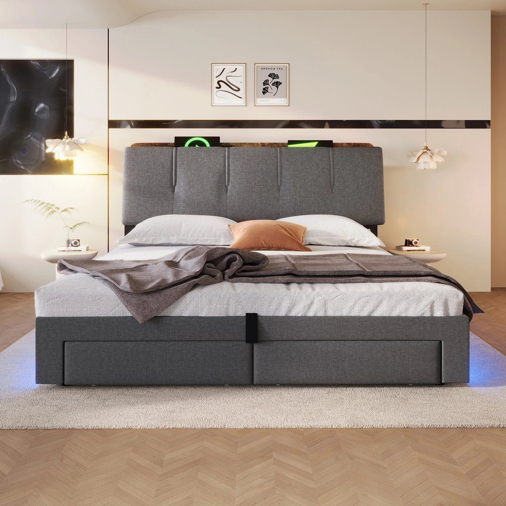 Letto Imbottito Contenitore con LED ¨C MINIMAL ¨C Tessuto Grigio 140x200 cm