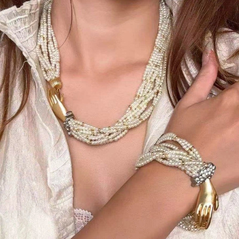 Collana retr¨° a pi¨´ strati con perle in stile Hepburn, elegante bracciale a pi¨´ strati con motivo a palma