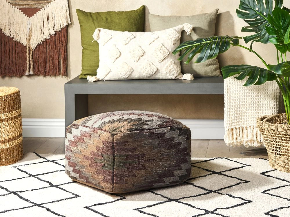 Pouf in iuta beige rosso 50 x 50 cm poggiapiedi in lana motivo geometrico boho moderno
