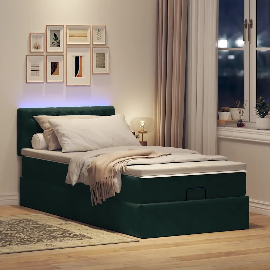 Pouf Letto con Materasso e LED Verde Scuro 90x200cm in Velluto