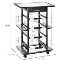Carrello da Cucina con Cassetto, 4 Cesti di Frutta Estraibili e Piano in Ceramica, Carrello Cucina Salvaspazio con 4 Ripiani Laterali in Legno di Pino e Metallo, 57x37x83 cm, Nero