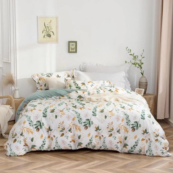Lenzuola 135 x 200 cm in cotone 4 pezzi 100% lavati, disegno a fiori con manigliona in lino, certificati Oeko-Tex e adatti per persone con allergie, 2 coperte e 2 cuscini 80 x 80 cm.