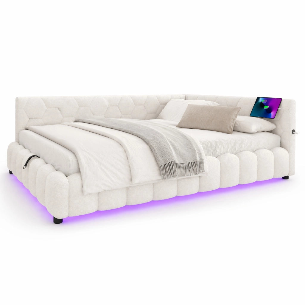 Letto a una piazza e mezza 140x200 cm con rete a doghe, contenitore idraulico, LED, USB e Type-C, bianco