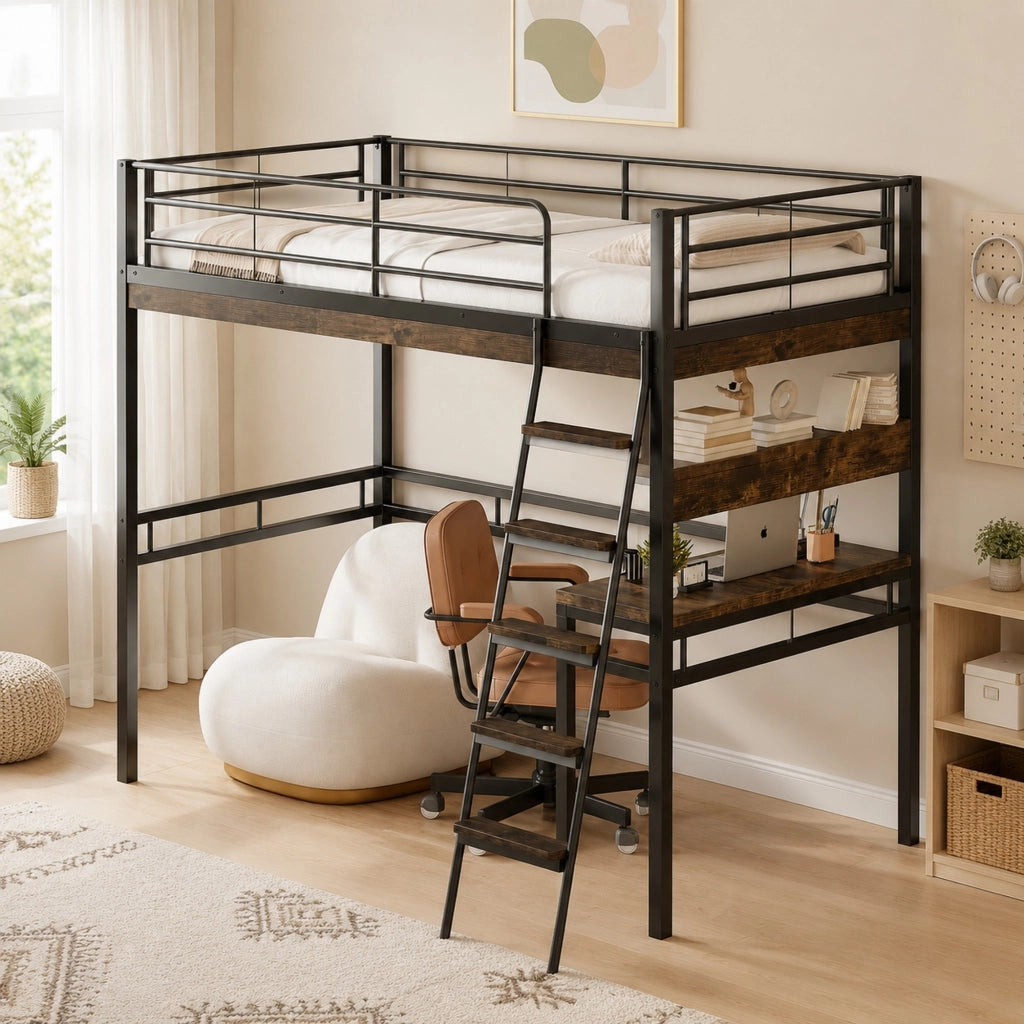Letto a soppalco 90x200 cm con scrivania e ripiani, nero