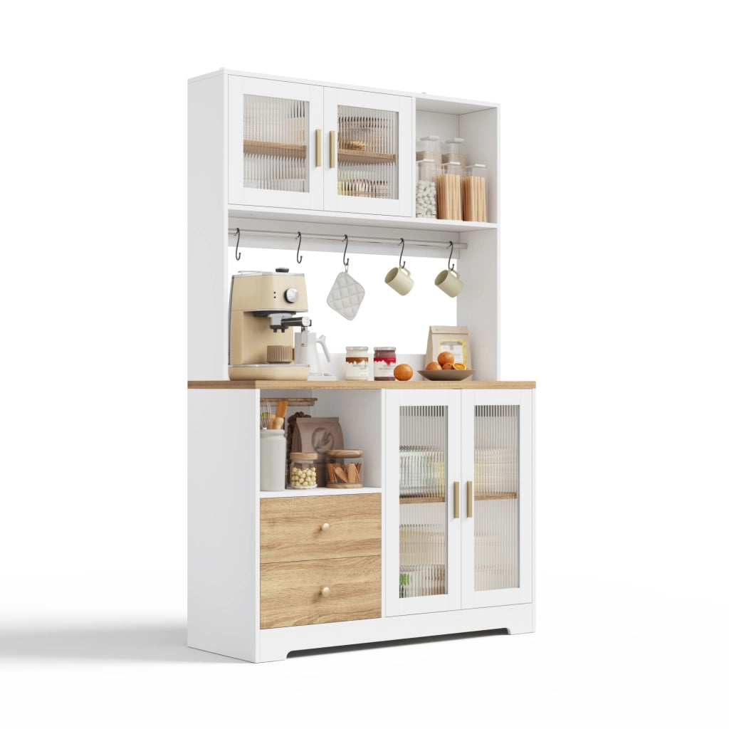 Credenza alta da cucina 178 cm con LED; prese USB; ante in vetro temperato; bianco naturale