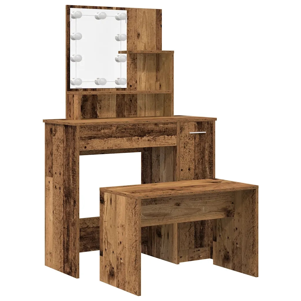 Set Tavolo da Toeletta con LED Legno Antico Legno Multistrato