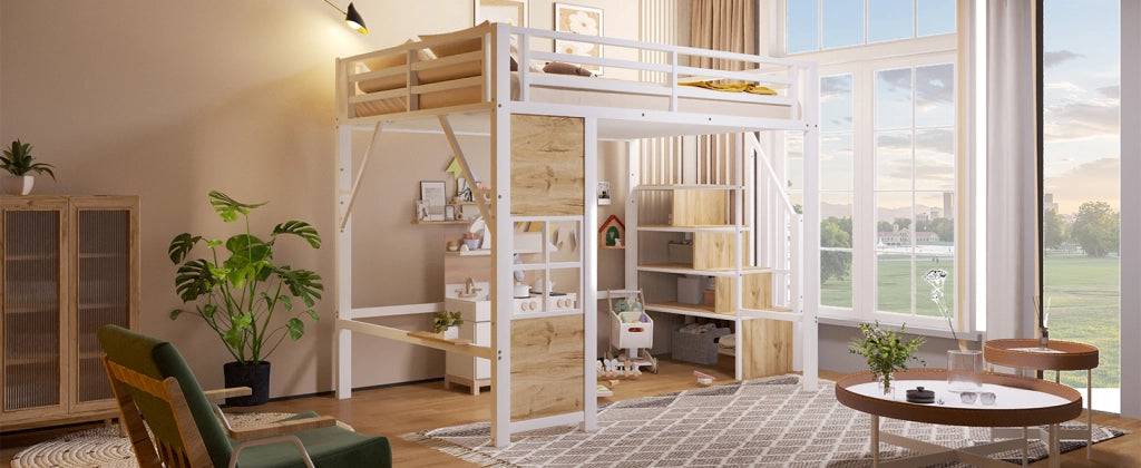 Letto a soppalco 140 × 200 cm con scala contenitore, spazio giochi aperto e vano laterale, senza materasso, bianco