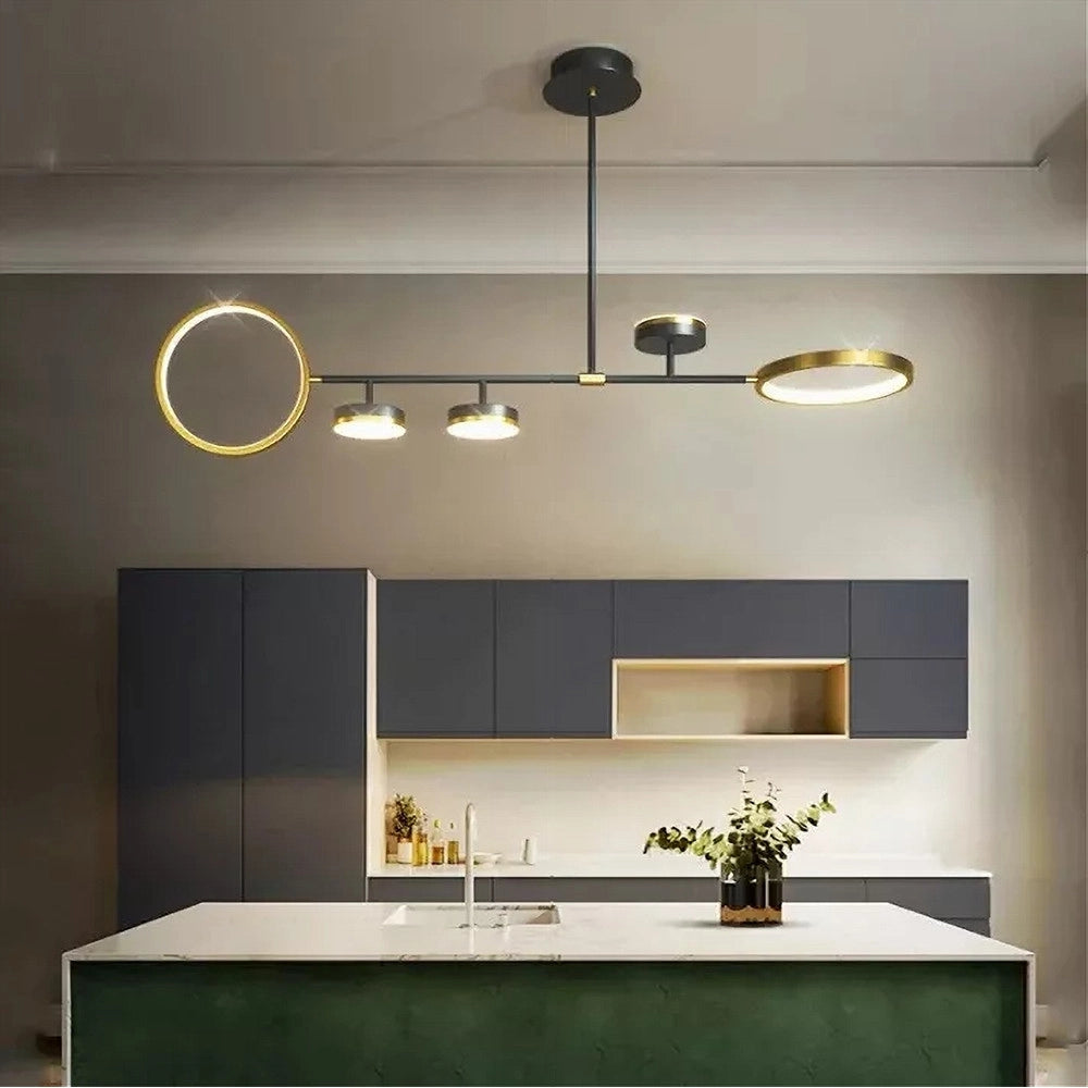Trade Shop - Lampadario A Sospensione Led 37w Con 5 Cerchi Orizzontale Nero Oro Luce Naturale 71354 -