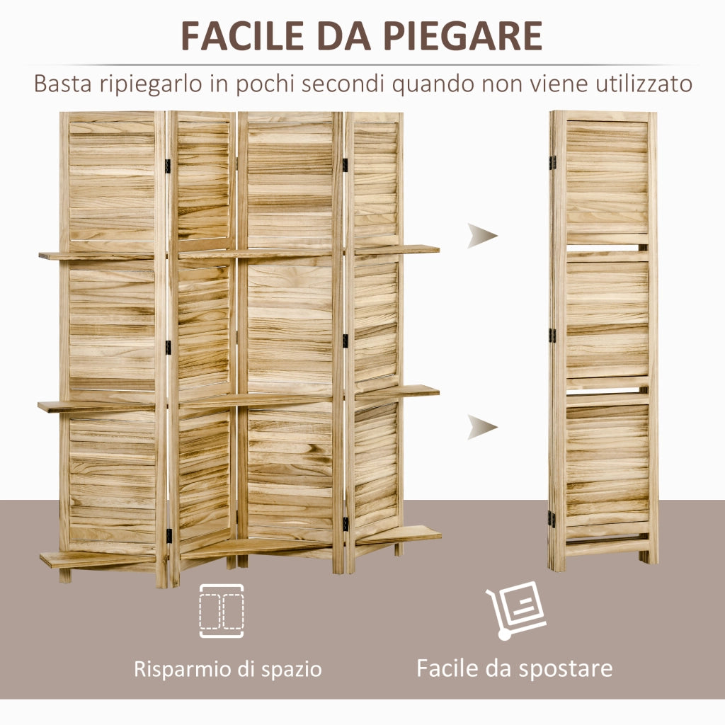 Paravento a 4 Ante con Ripiani in Legno ¨C zephmum ¨C Paulonia 162x170 cm