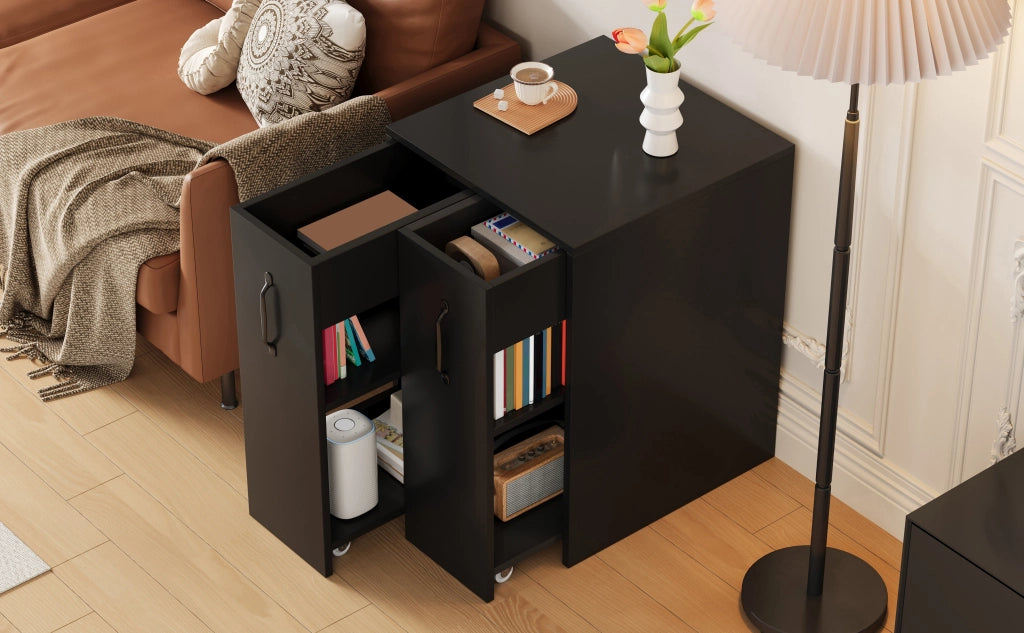 Libreria mobile con 2 cassetti estraibili, 3 ripiani e ruote, per ufficio e soggiorno, in truciolare nero, 52 × 50 × 75 cm