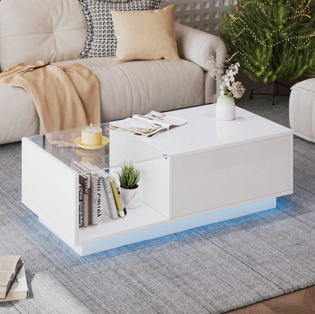 Tavolino da caff猫 100x50x33 cm; piano sollevabile con LED app; truciolato bianco