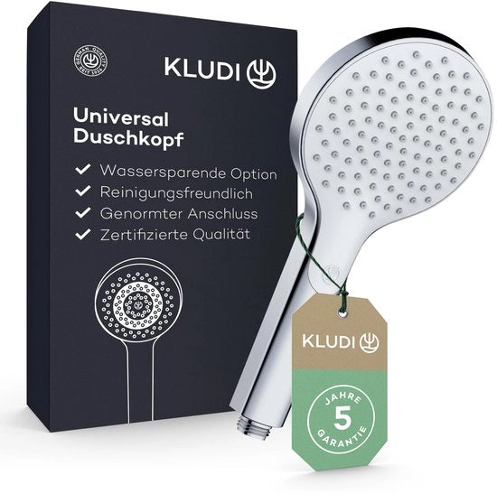 Douchekop universale KLUDI-X3, opzione per risparmio d'acqua, douchekop con 1 tipo di getto, facile da pulire, diametro 11,7 cm, douchekop (flusso standard 15 l/m, opzione 9 l/min), cromato