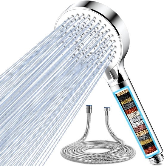 Douchekop con filtro in 20 strati, manuale, 5 tipi di getto, alta pressione douchekop energeticamente efficiente con tubo, douchekop, risparmia acqua per acqua dura, restchloor, metallo pesante