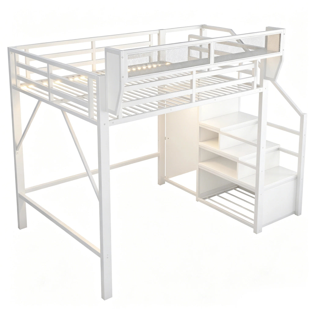 Letto a soppalco 140x200 cm in metallo e MDF con LED; scala di sicurezza; bianco
