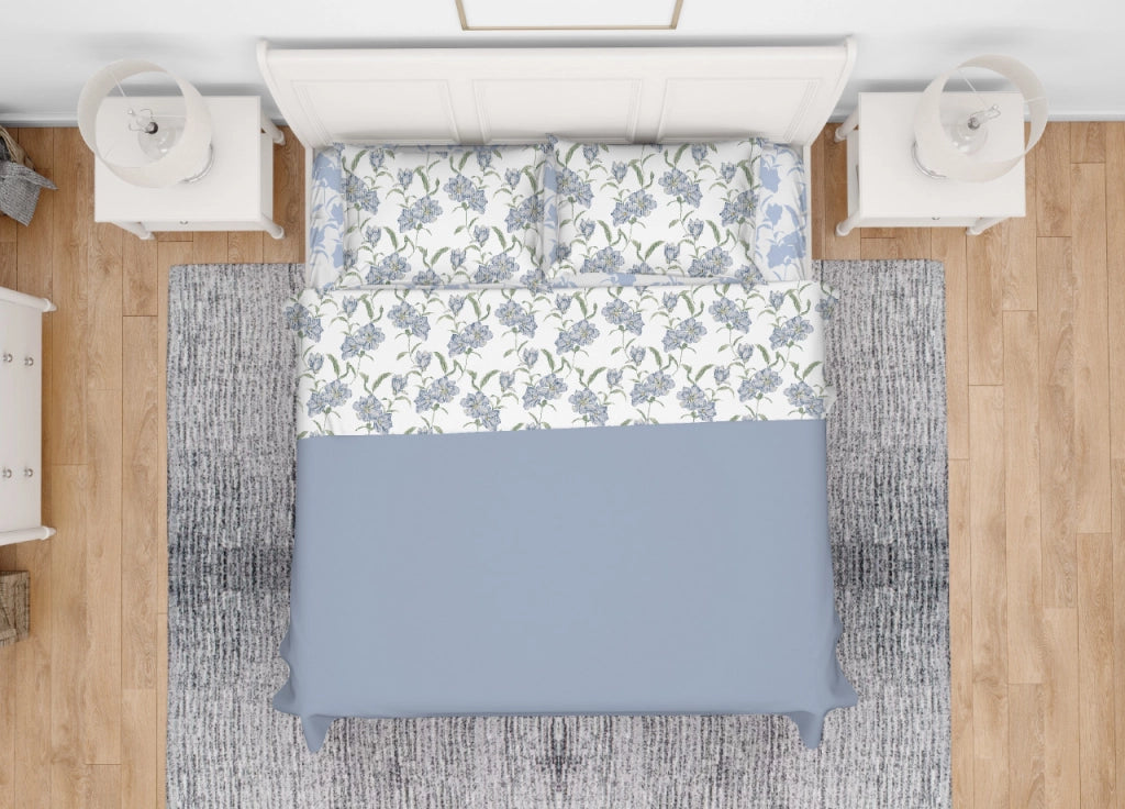 Completo Lenzuola Letto In 100% Cotone Made Italy Disegno Magnolia - Singolo - Azzurro