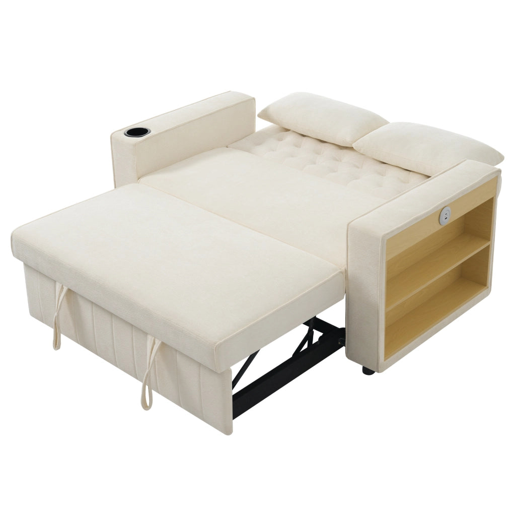Divano letto 140x137x84 cm con schienale regolabile e portabicchieri in chenille beige