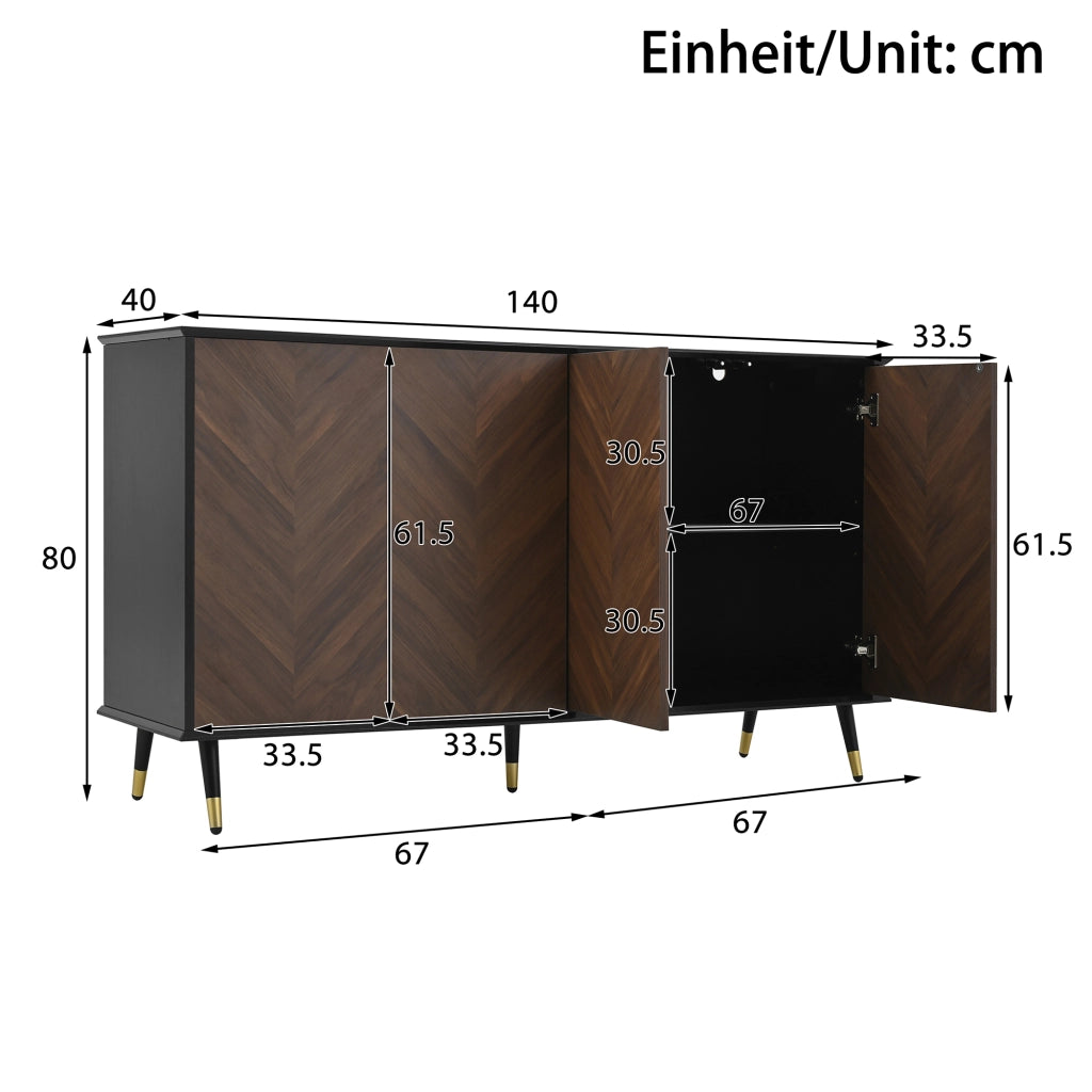 Credenza moderna 140x40x80 cm con 4 ante; ripiani regolabili in MDF nero e marrone