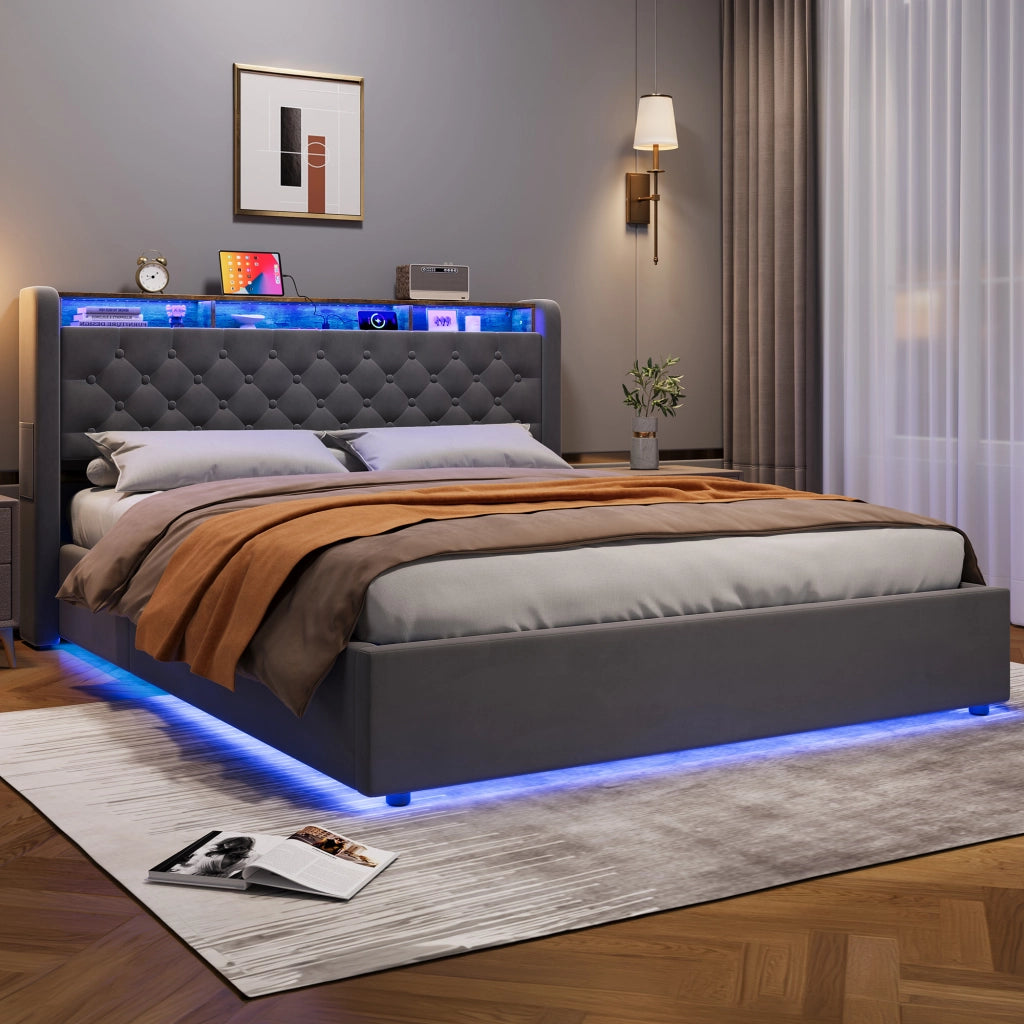 LETTO Imbottito 160 x 200 cm in Velluto Grigio Scuro con Contenitore