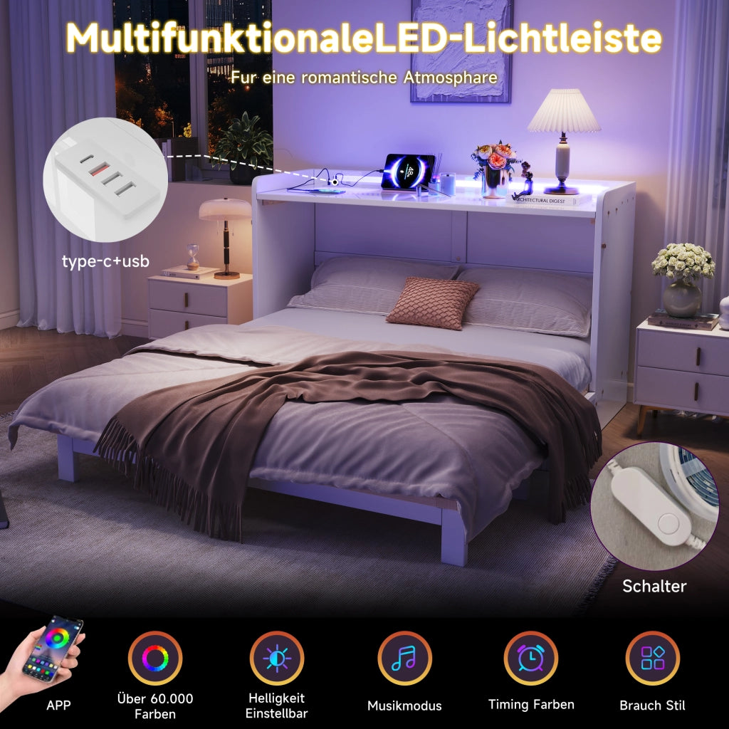 Letto a scomparsa 140 × 200 cm con cassetti, USB, presa e striscia LED, senza materasso, bianco lucido