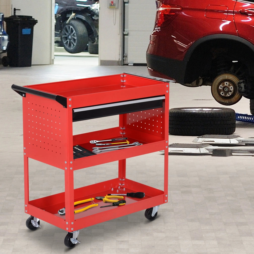 Carrello Portautensili 82x35x76 cm Rosso in Acciaio a 3 Livelli con Cassetto e 4 Ruote