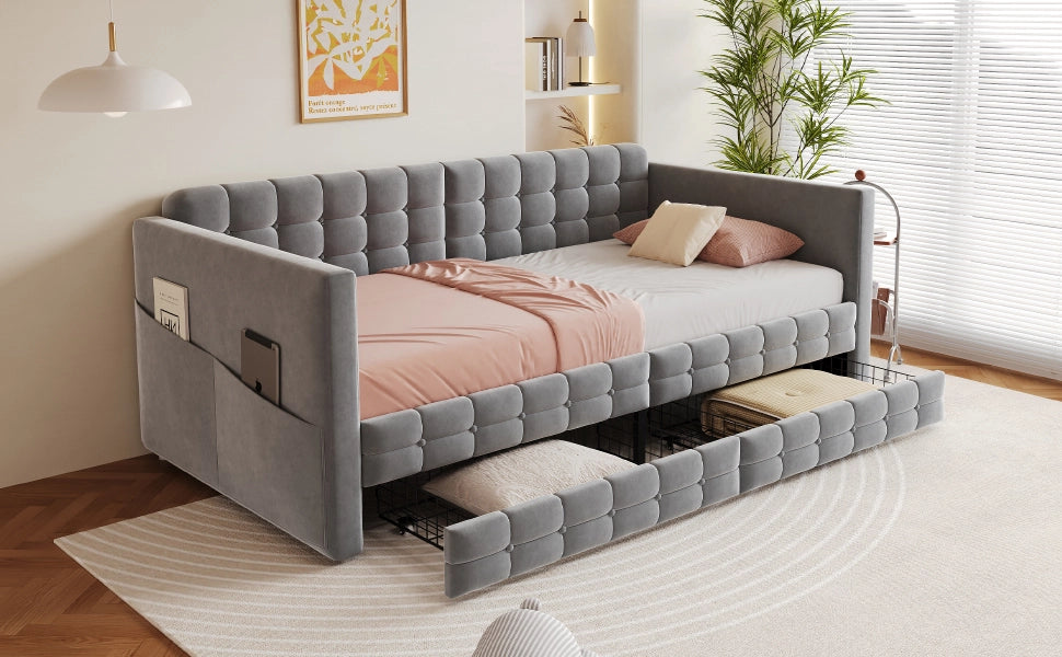 DESMIU Lit simple 90 × 190 cm 1 posto con 2 cassetti, tasche laterali, senza materasso, in velluto, grigio