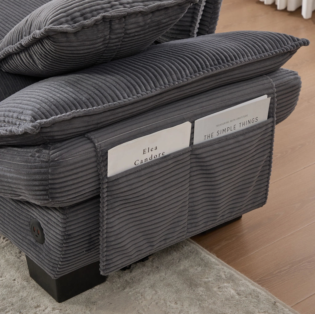 Divano modulare 3 posti con pouf 260x132x84 cm in tessuto a coste grigio scuro; USB-C