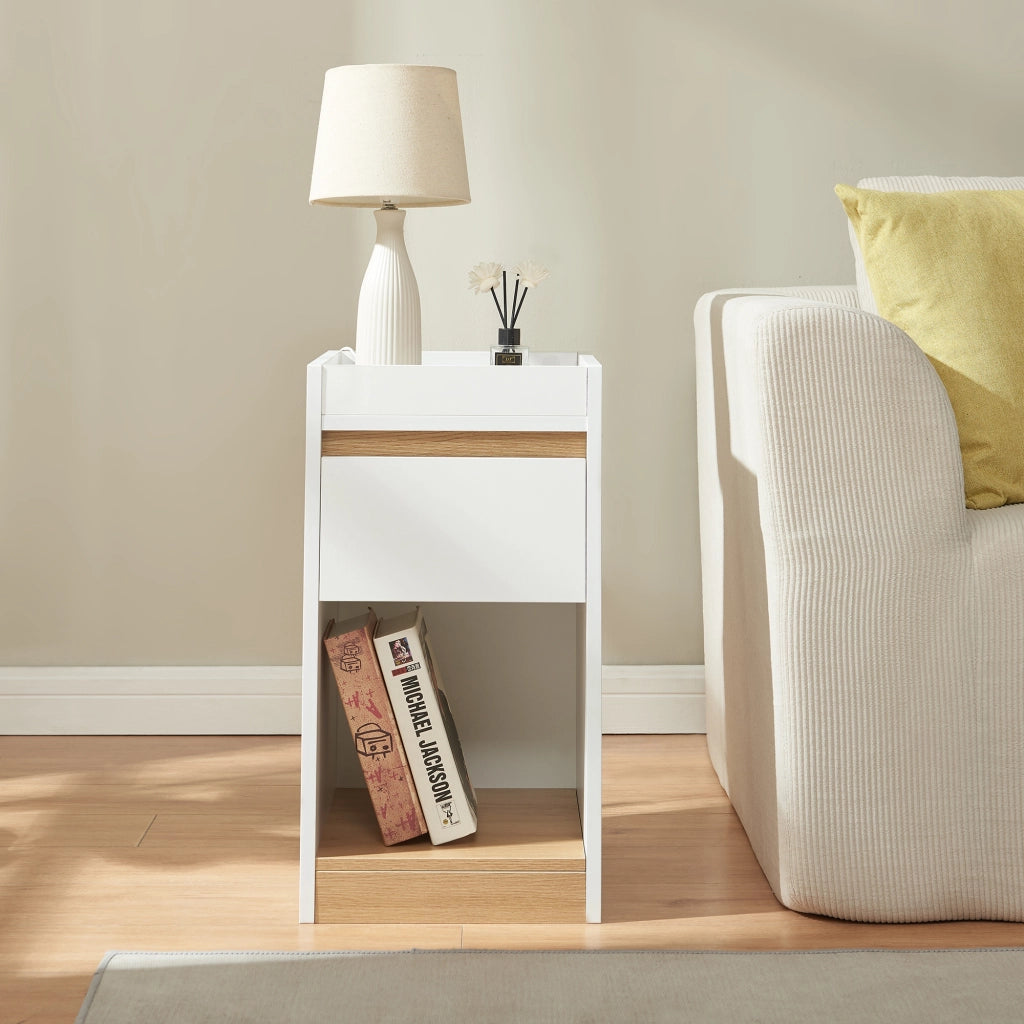 Comodino Lure con Cassetto e Vano Aperto Mobiletto Laterale 55 x 30 x 35 cm - Bianco/Effetto Rovere [en.casa]