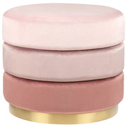 Pouf in tessuto di velluto di colore rosa rotondo con base in oro glamour stile moderno