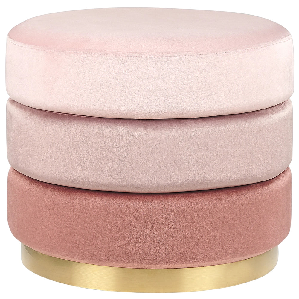 Pouf in tessuto di velluto di colore rosa rotondo con base in oro glamour stile moderno