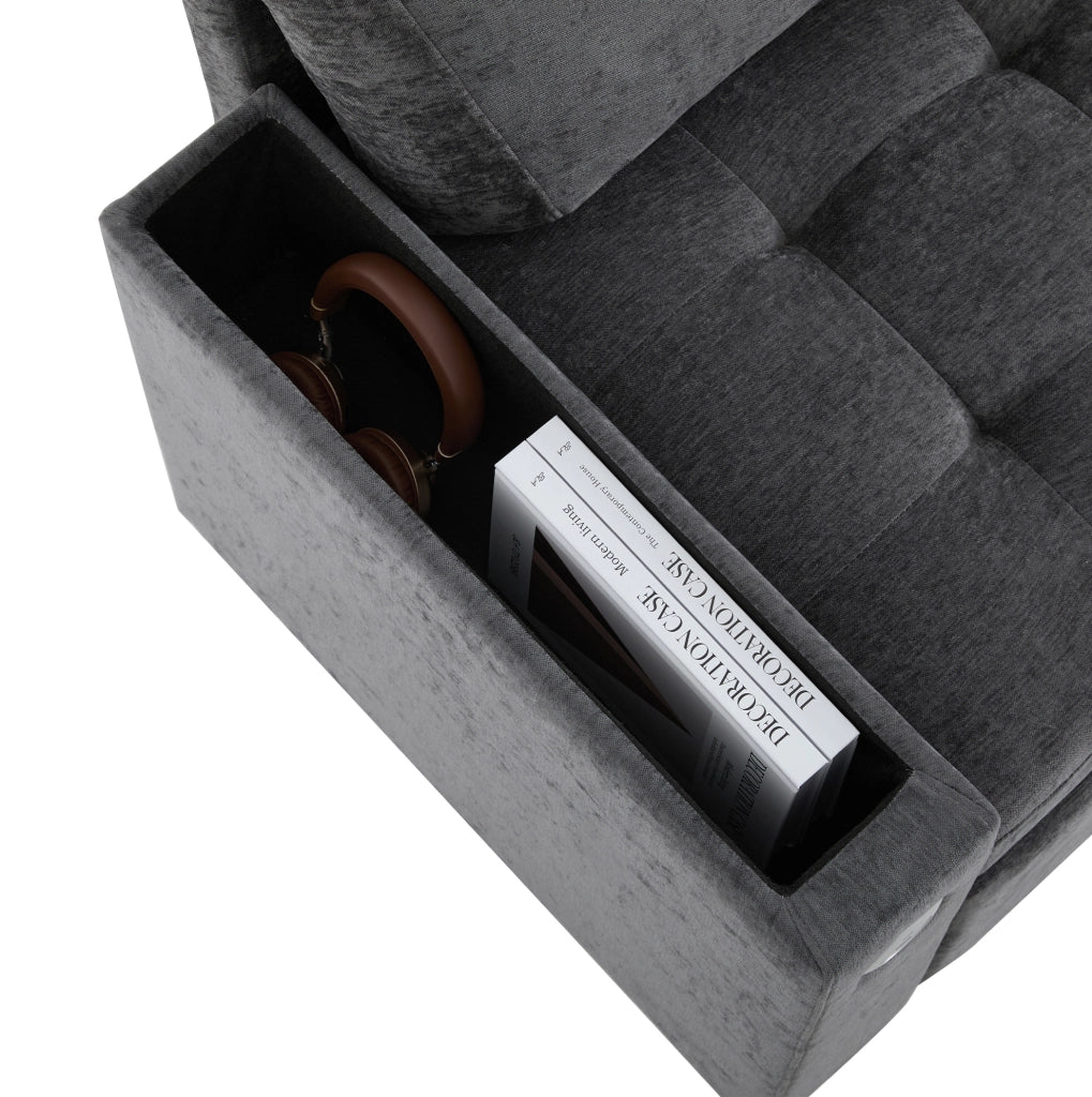 Divano angolare a destra in chenille con letto estraibile; contenitore; USB e portabicchieri; grigio scuro